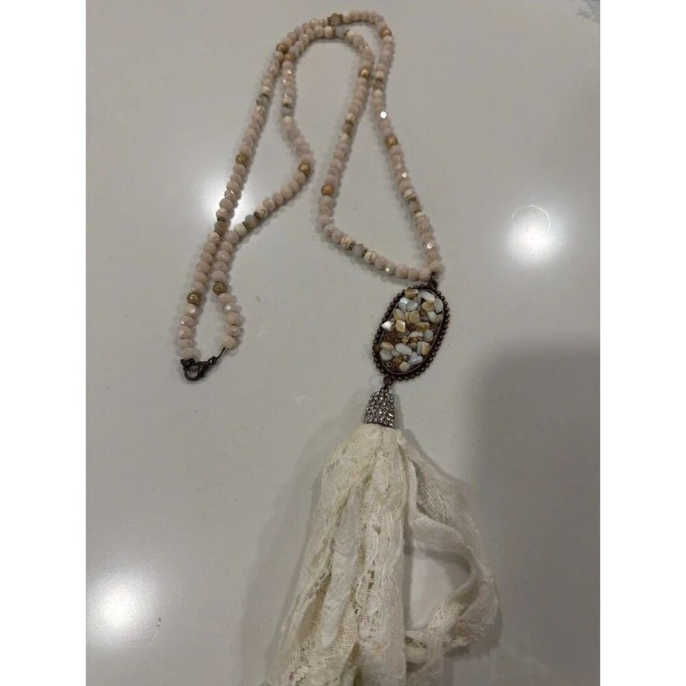 Vintage Style Boho White Cream Stone Lace Statement Necklace